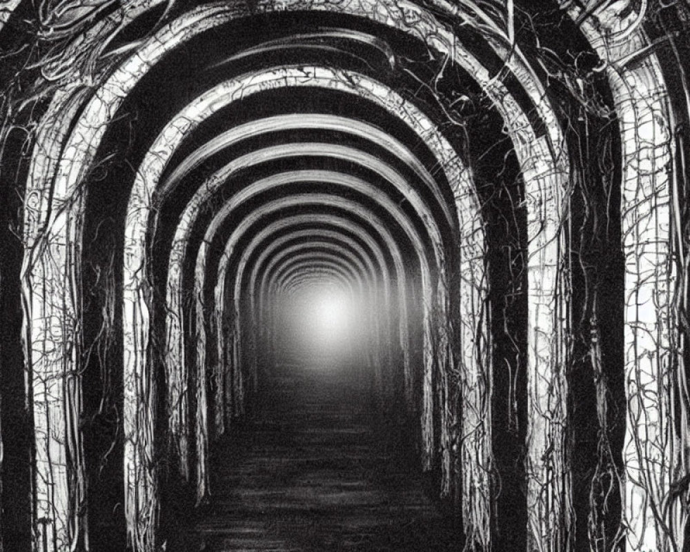 Monochrome tunnel with arched walls and intricate patterns, light ahead