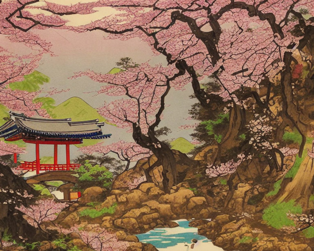 Asian landscape with cherry blossoms, red pagoda, rocky terrain, and stream boat