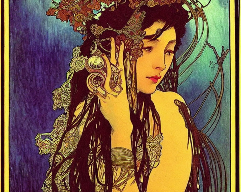 Stylized portrait of a woman with flowing hair and intricate headdress