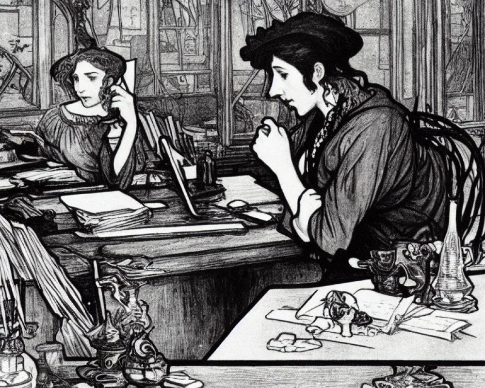 Detailed Vintage Black and White Illustration of Two Women at Desk