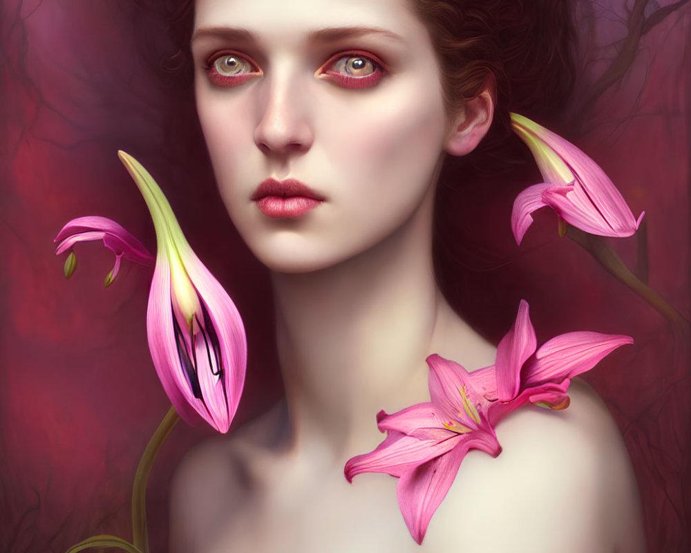 Portrait of Woman with Red Eyes Surrounded by Pink Lilies in Mystical Setting