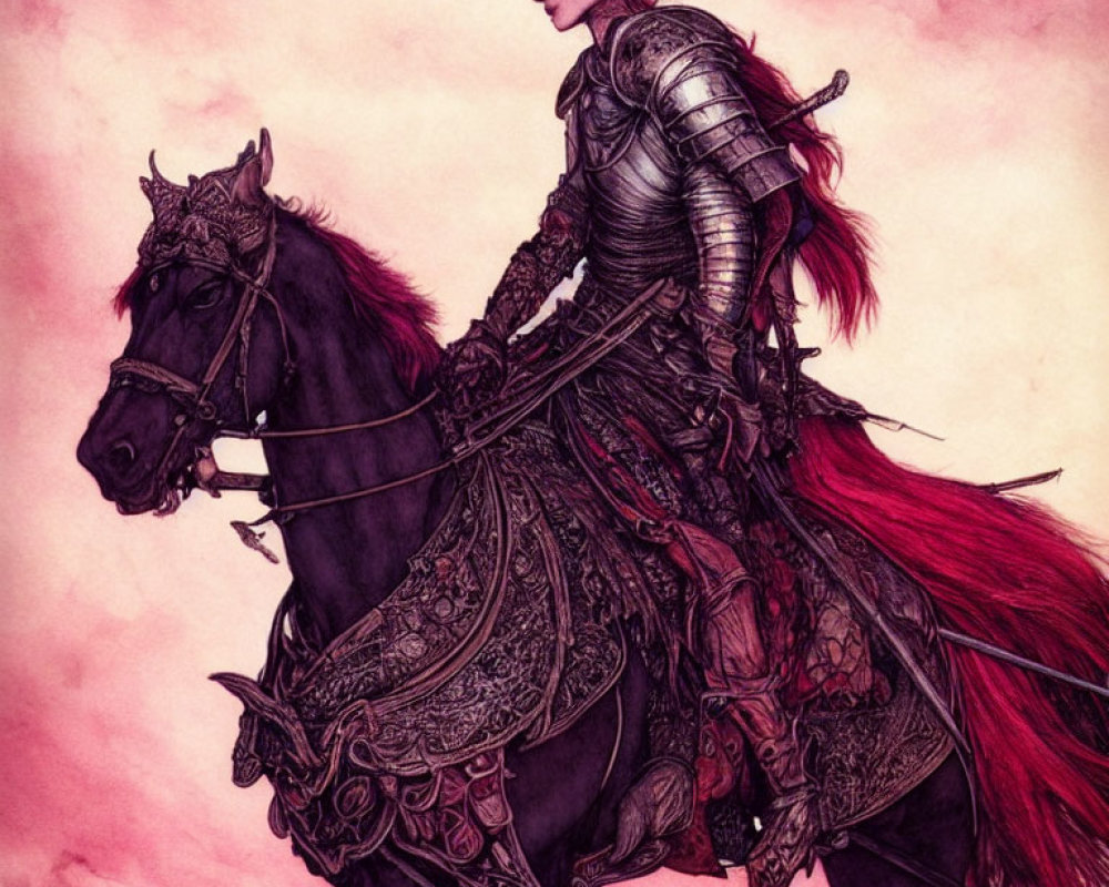 Illustrated knight in elaborate armor riding black steed on crimson backdrop