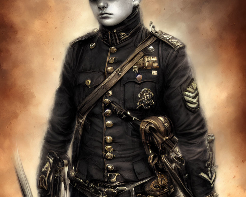 Detailed illustration of a person in ornate military uniform with saber and firearm in dramatic lighting.