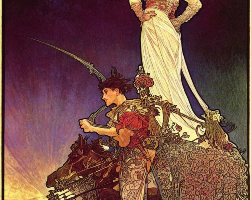 Art Nouveau illustration of knight on horseback with sword and elegant woman