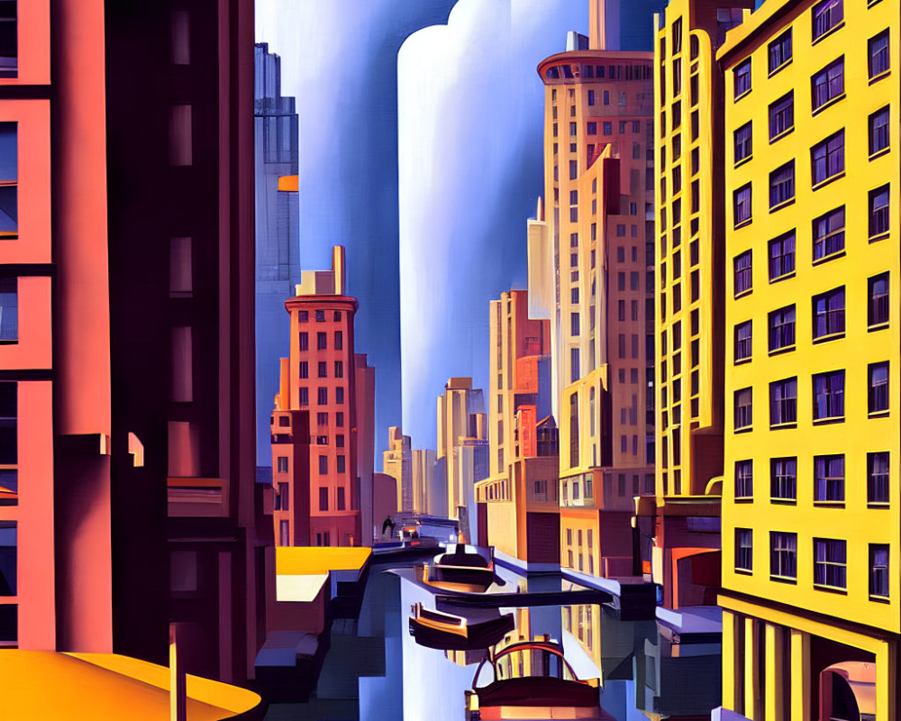 Colorful Stylized Cityscape with Flying Vehicles and Skyscrapers