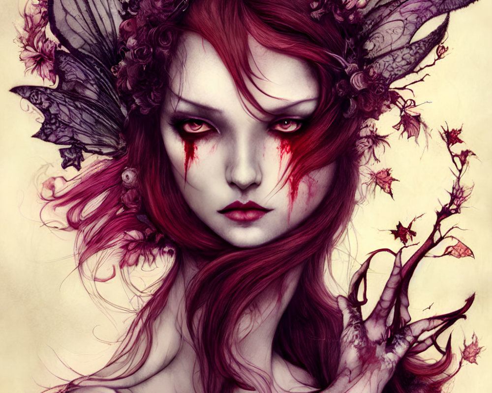 Fantasy portrait of red-haired female with red eyes and floral ear adornments