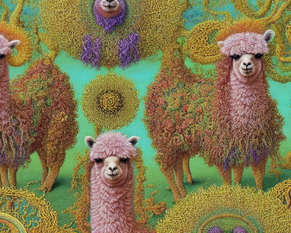 Pink llamas with golden details on turquoise background: A whimsical pattern blending fantasy and kitsch