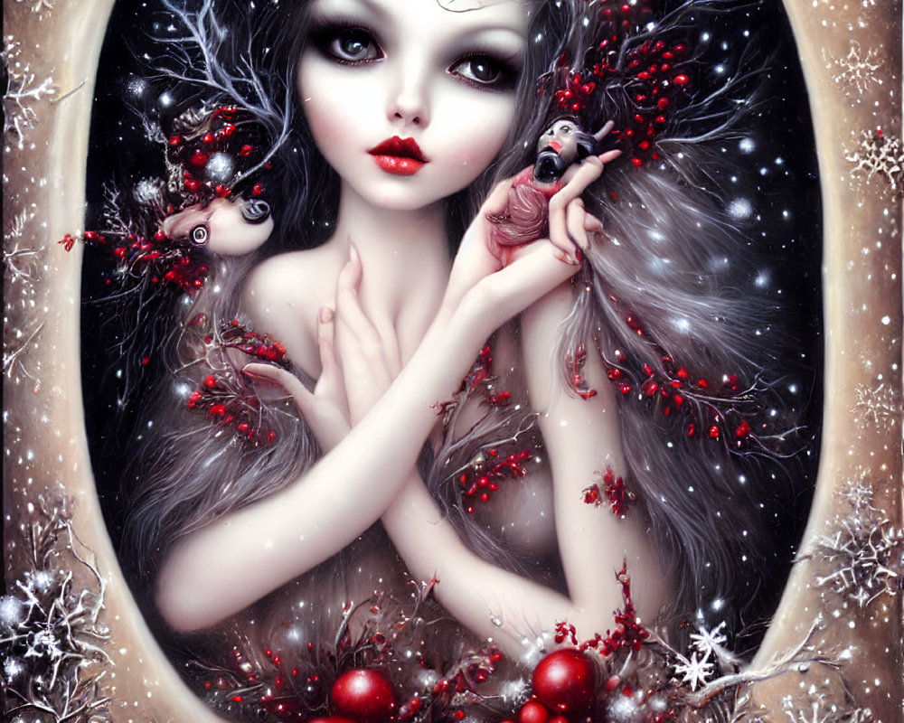 Pale woman with black hair in winter setting with red berries, snowflakes, and surreal creature