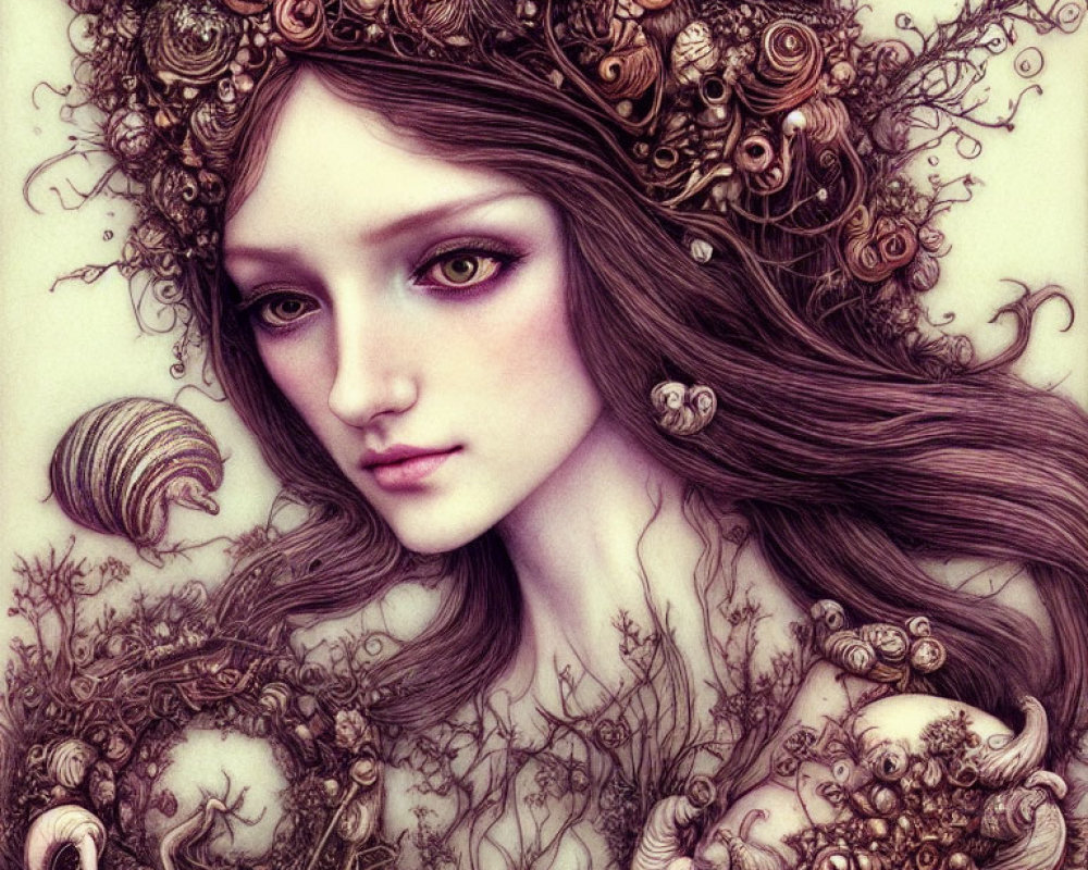 Detailed sepia-toned illustration of woman with intricate sea creature and botanical hair motifs