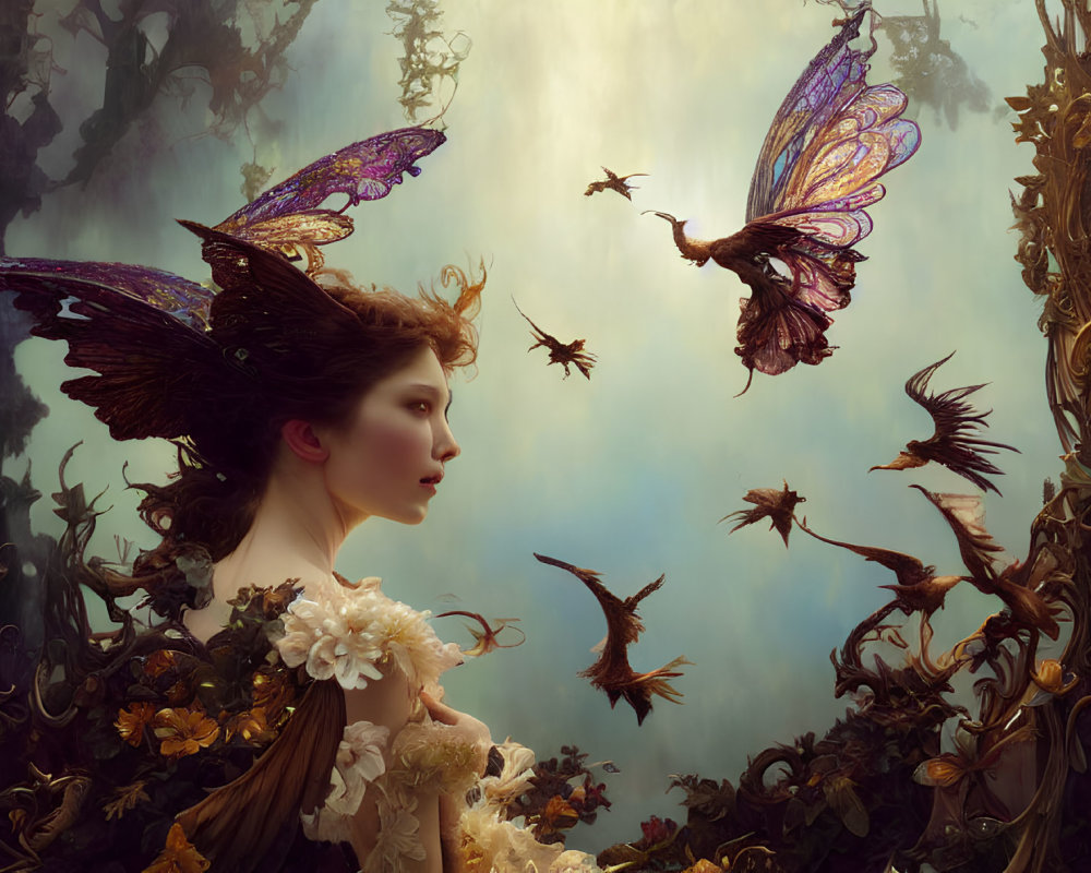 Fantasy scene: Woman with butterfly wings in mystical forest setting