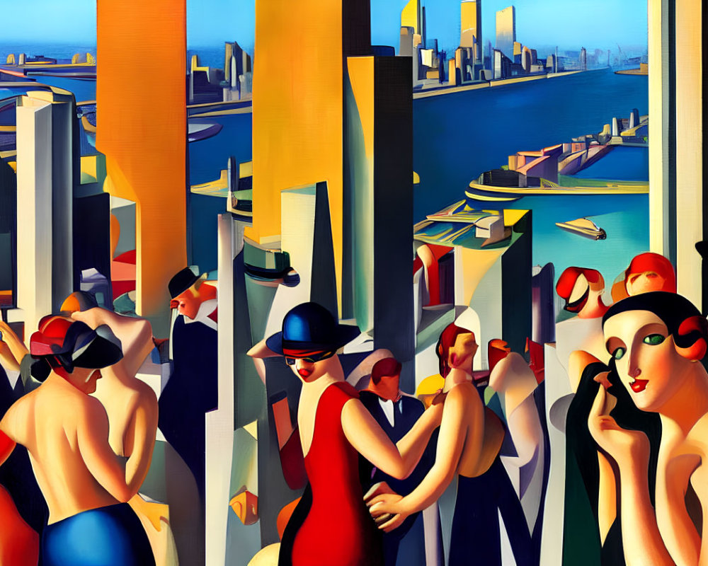 Vibrant artwork featuring elegantly dressed figures and stylized cityscape.