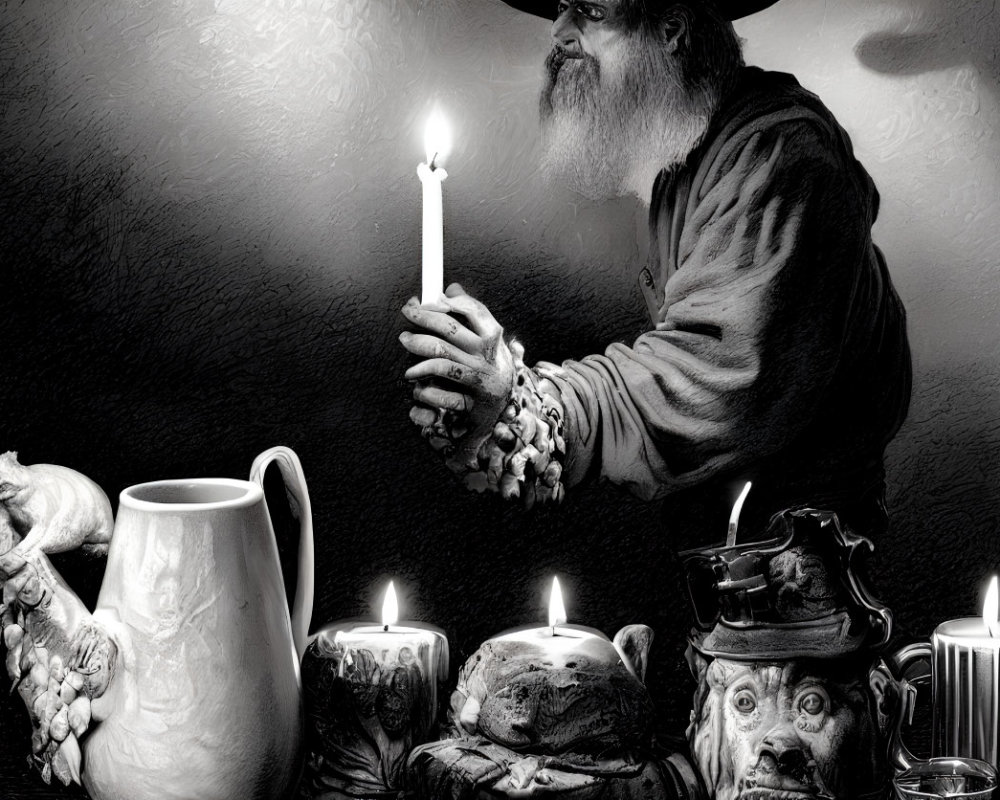 Bearded man holding a candle in dark room with candles and pottery.