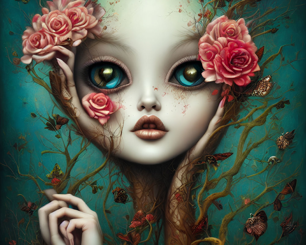 Surreal portrait with oversized head, tree branch limbs, large eyes, roses, and butterflies on