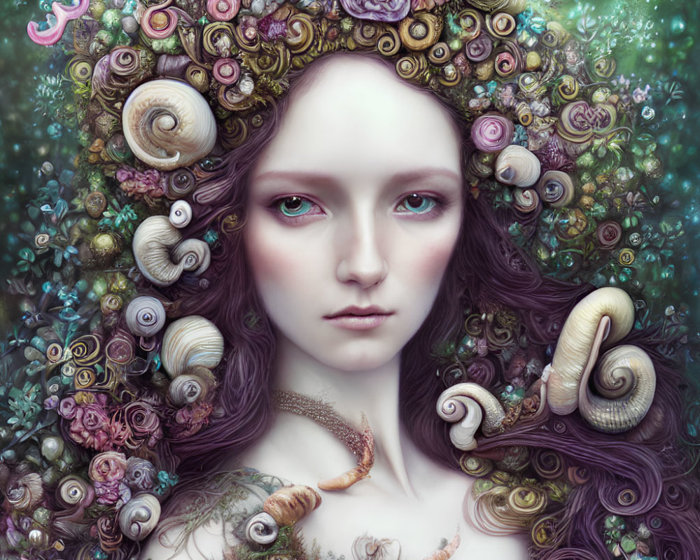 Portrait of woman with pale skin and violet eyes, wearing flower and snail crown in lush green setting