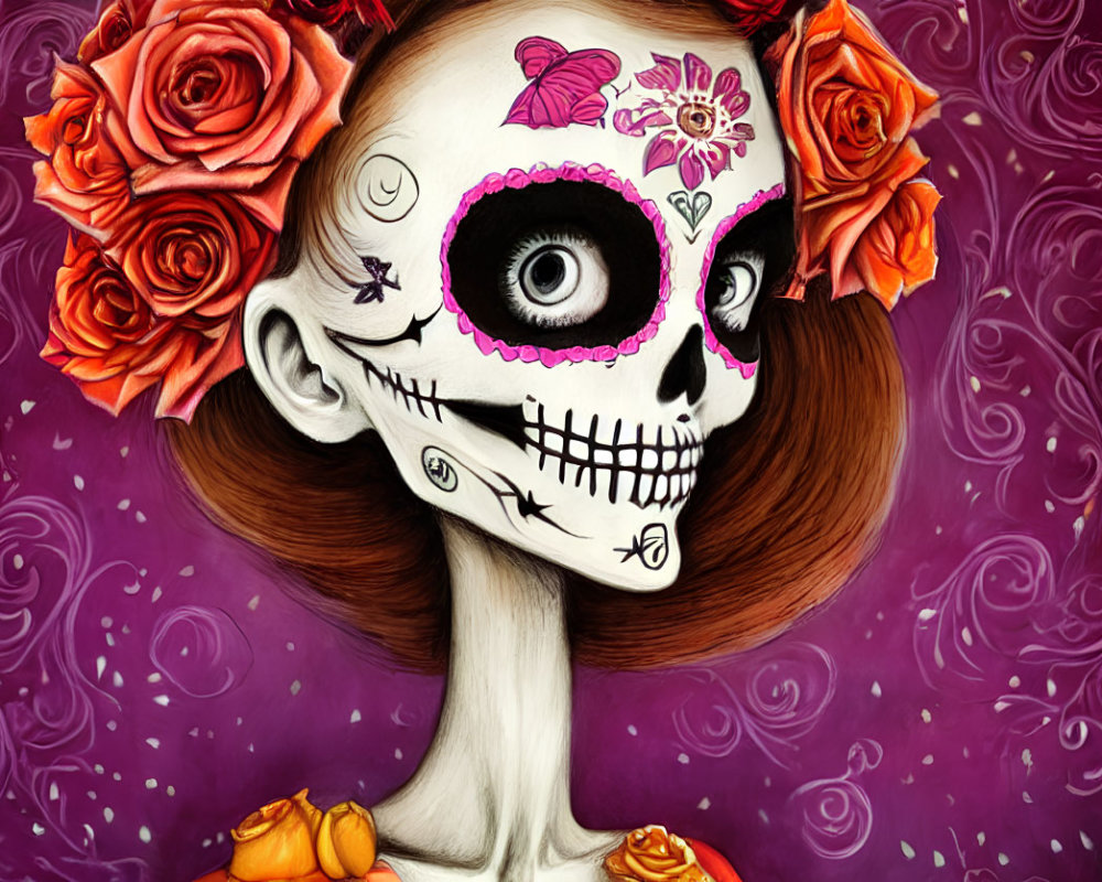 Colorful Day of the Dead skull with roses and face paint