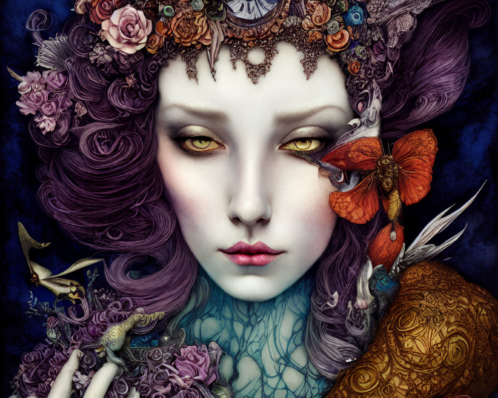 Fantasy female portrait with violet hair, clockwork headpiece, dragon figurine, and butterfly.