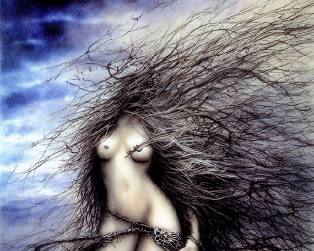 Figure with Long, Wild Hair Blending into Stormy Sky and Silver Chains - Untamed Nature