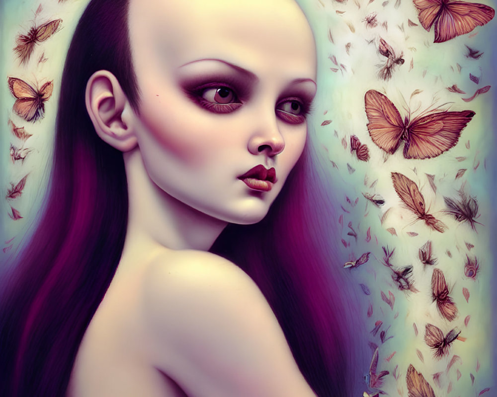 Bald female figure with purple hair and butterflies in artistic portrait