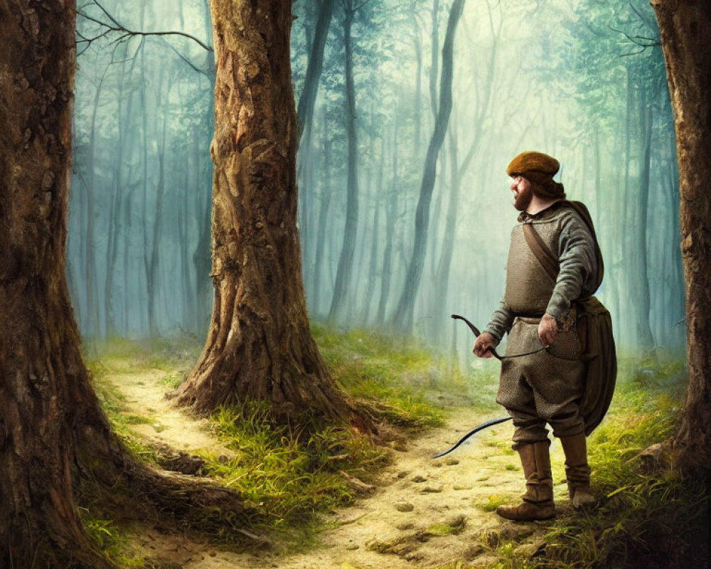 Historical figure on misty forest path with curved object