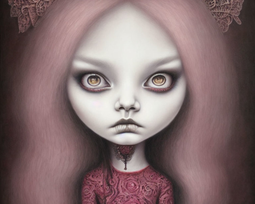 Illustration: Girl with haunting eyes, pale skin, lilac hair, rose-patterned dress,