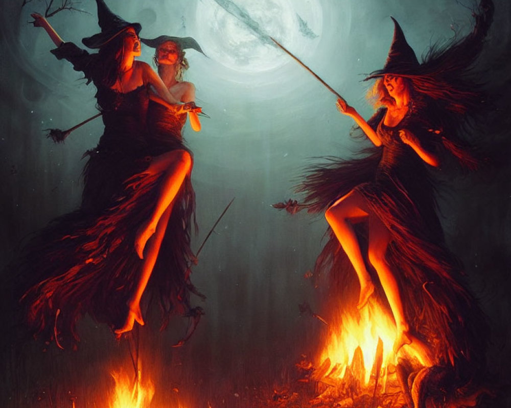 Witches performing ritual under full moon with magical staff