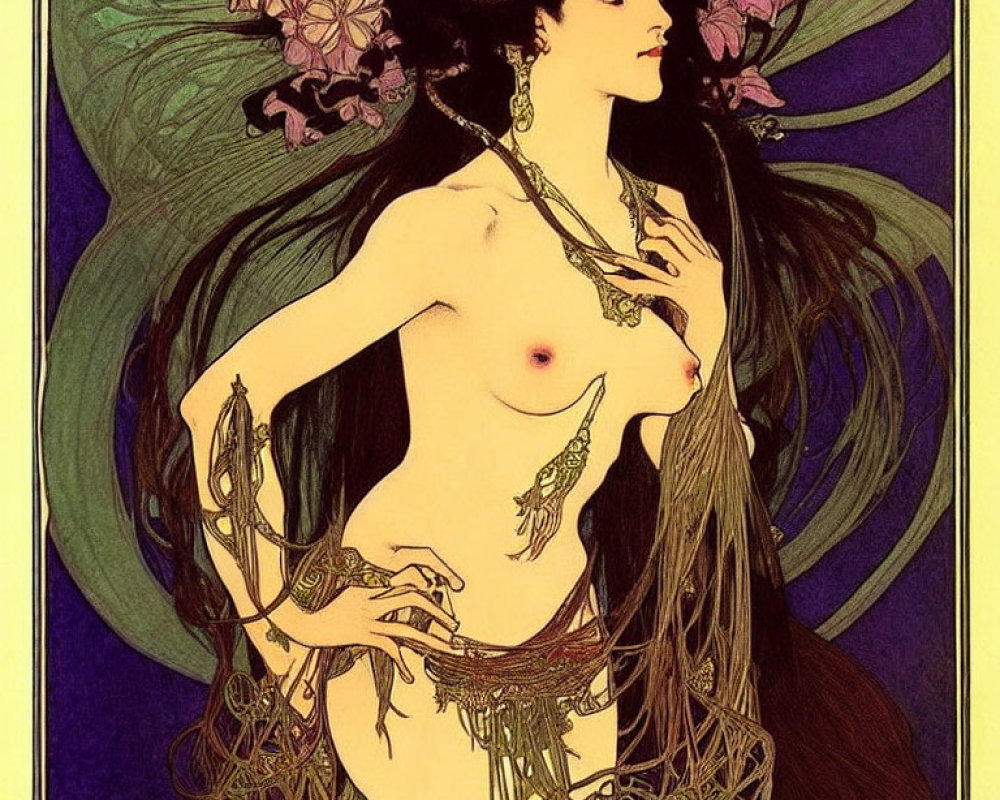 Art Nouveau Semi-Nude Woman with Dark Hair and Floral Patterns