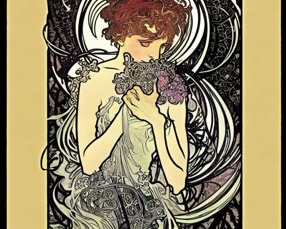 Woman with flowing hair and bouquet in Art Nouveau style illustration