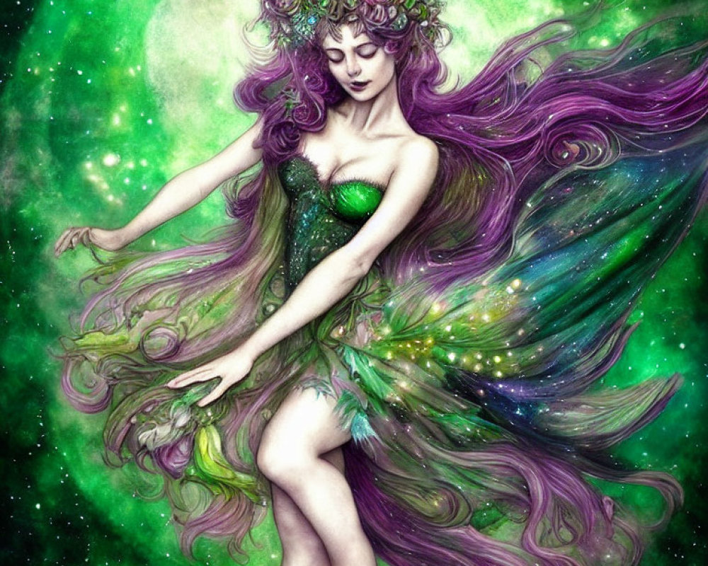 Purple-haired fairy in green dress with wings and flowers in mystical setting