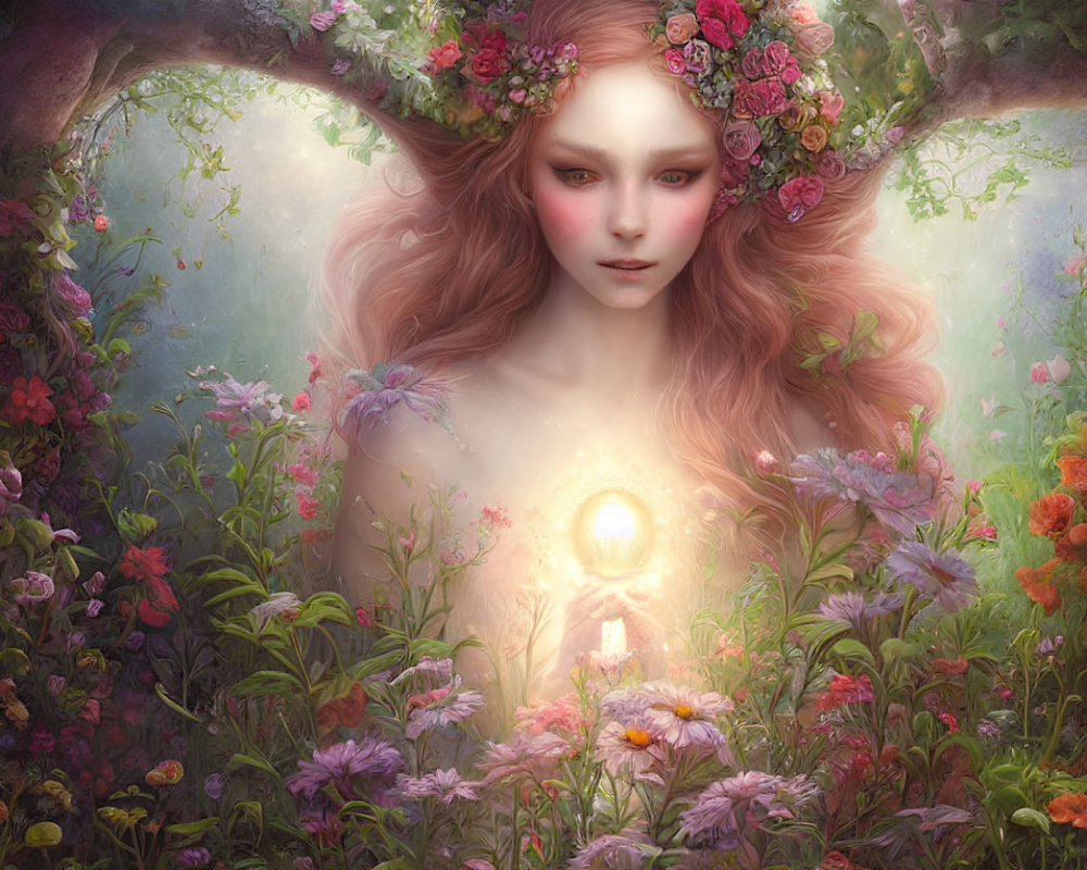 Pink-haired woman with floral wreath and glowing key in lush flower setting