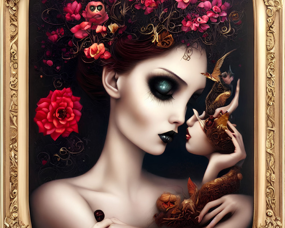 Colorful floral surreal portrait with tiny figures in baroque-style frame