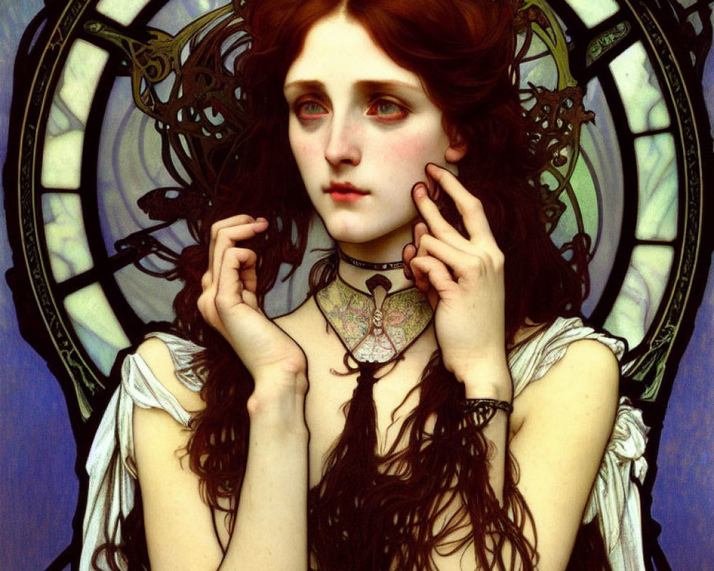 Art Nouveau Style Painting of Wistful Woman with Long Wavy Hair