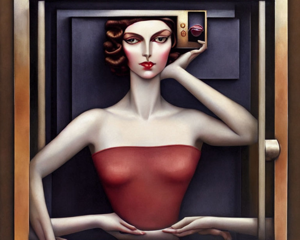 Stylized woman in red bustier with wavy hair holding object in surreal artwork