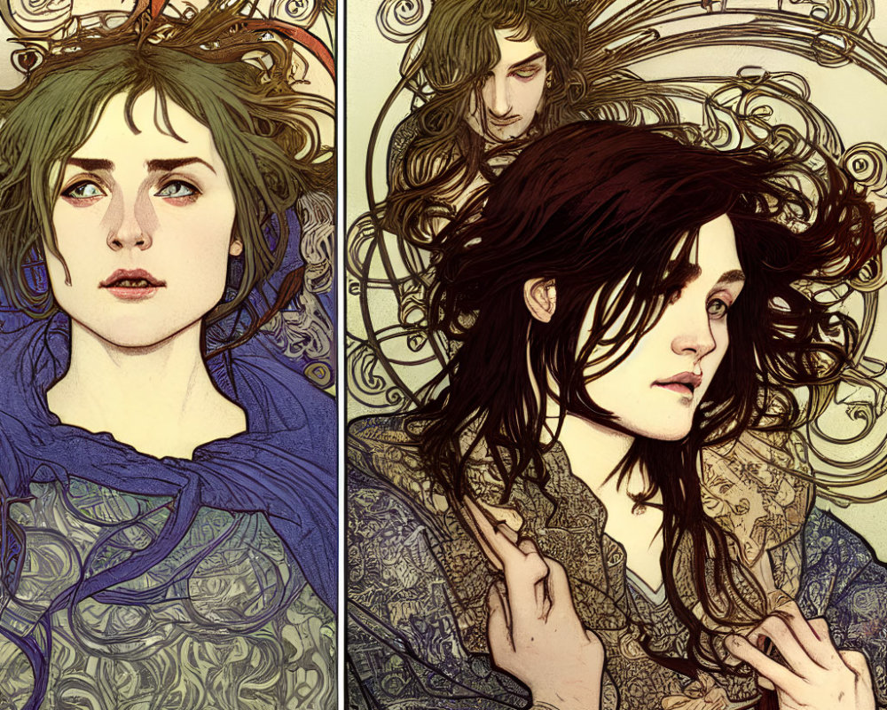 Detailed illustrations of individuals with expressive eyes and swirling hair in intricate patterns and earthy colors.