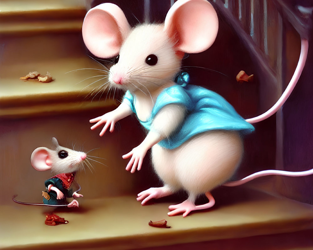 Whimsical anthropomorphic mice illustration with sword on stairs