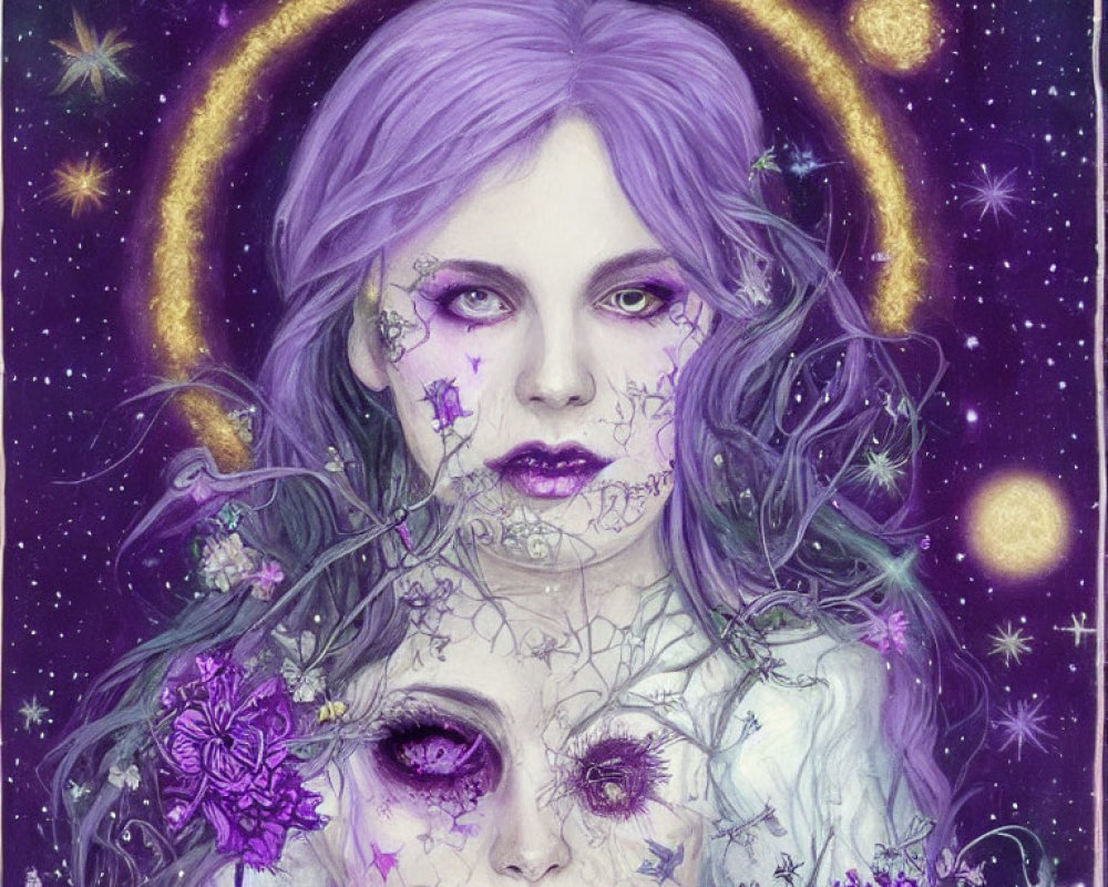 Mystical woman with purple hair and eyes, floral skin patterns, golden halo, stars