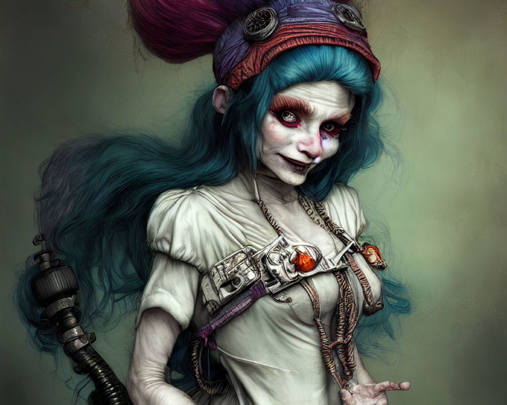 Blue-skinned female character with vibrant hair in steampunk attire and mechanical arm.