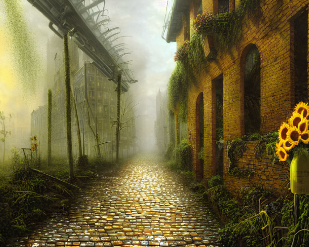 Overgrown cobblestone street with sunflowers and misty backdrop