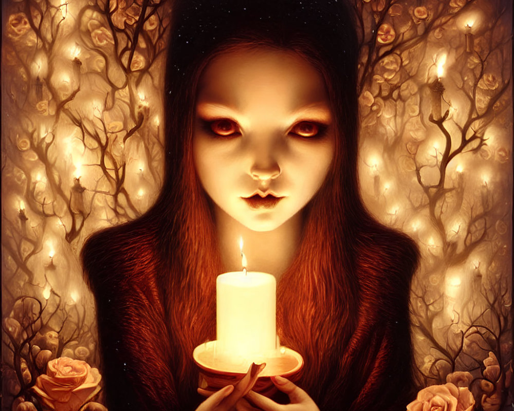 Luminescent-eyed girl with candle near glowing rose tree & starry background