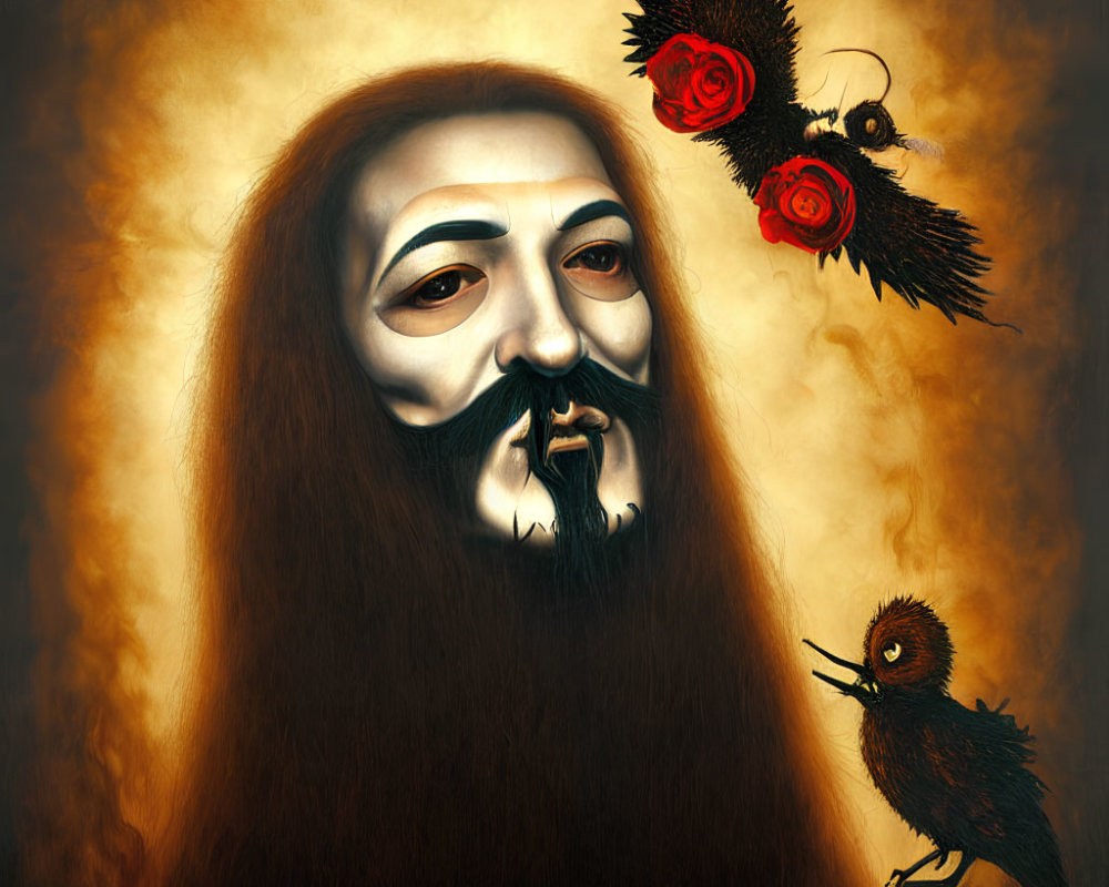 Surreal painting of bearded figure with white mask, bird, roses, and chick