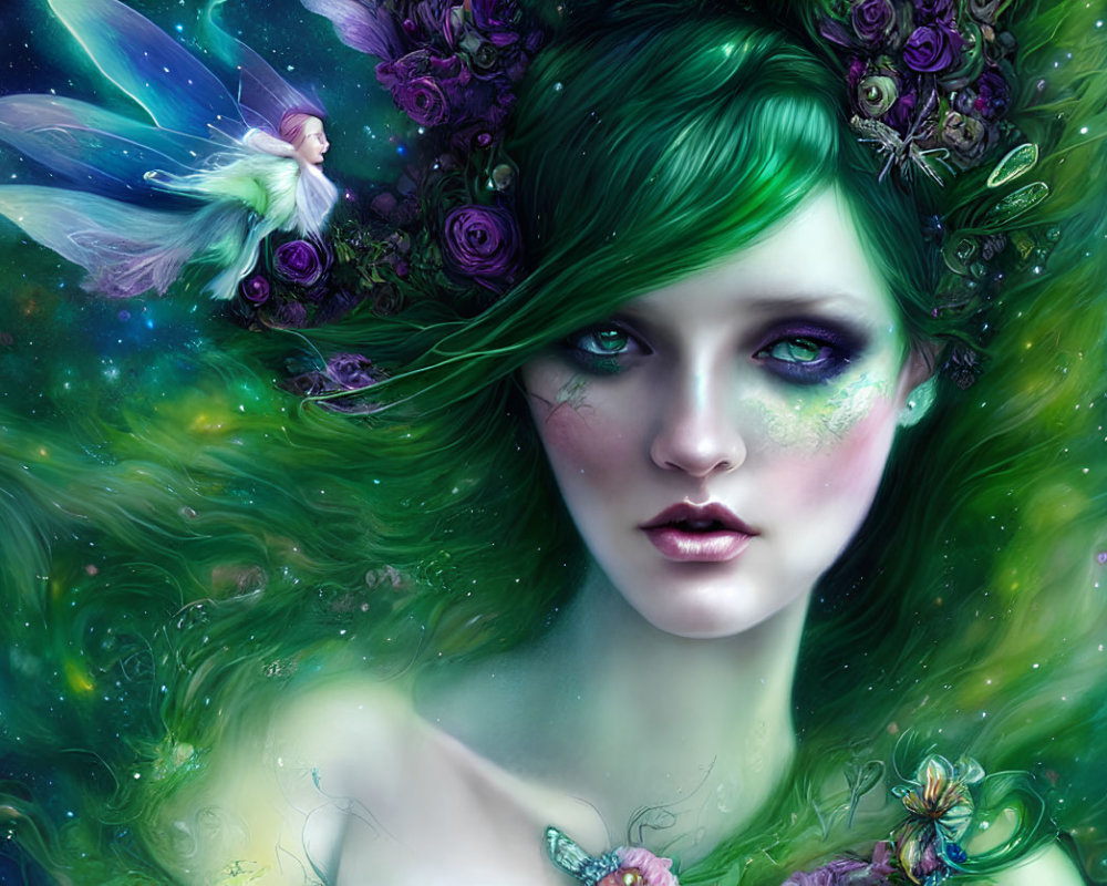 Fantasy portrait featuring woman with green hair, purple flowers, sparkling makeup, and winged fairy.