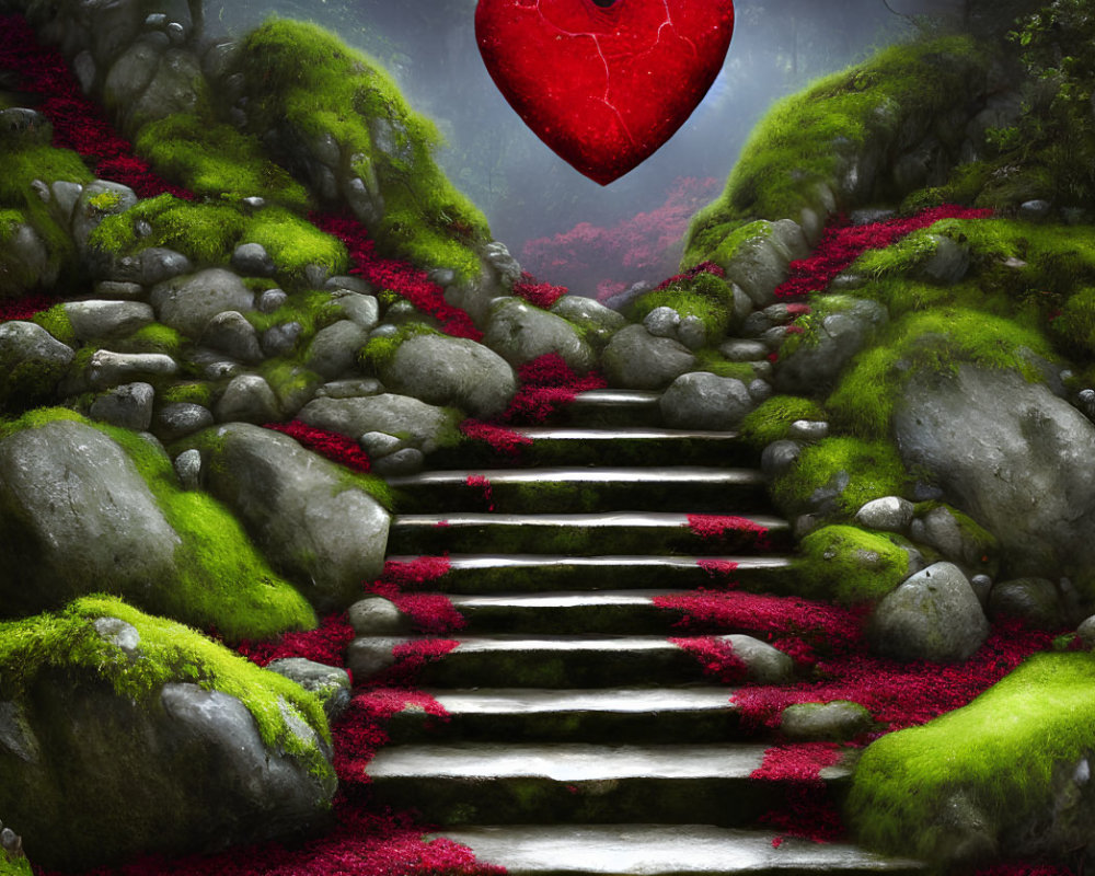 Moss-covered rocks and red foliage staircase in misty forest with glowing heart