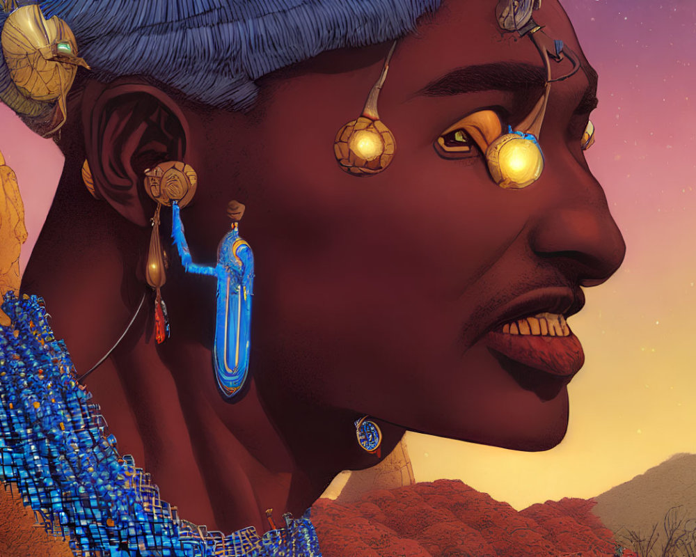 Person adorned in gold and blue jewelry in desert sunset scene