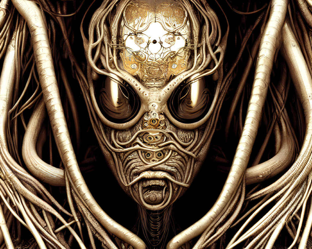 Intricate surreal golden mask entwined in bronze-like roots