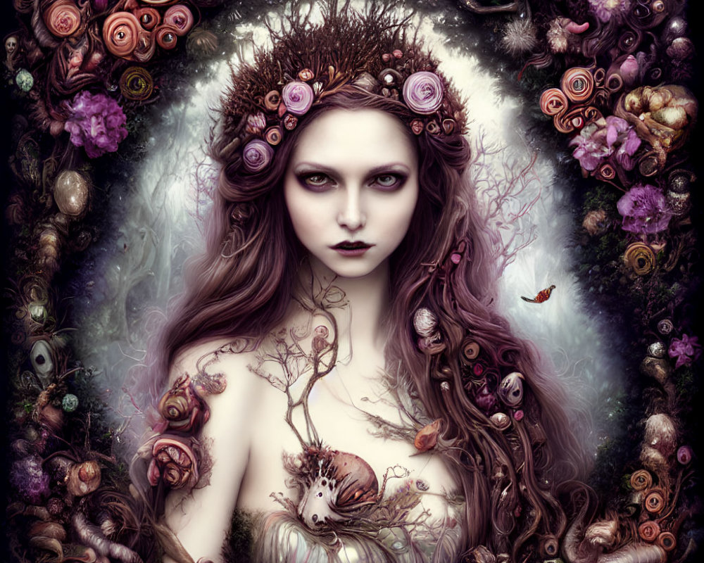 Fantasy portrait: Woman with purple eyes, rose and twig crown, surrounded by whimsical flora and