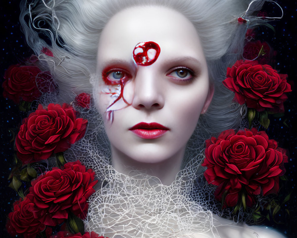 White-Haired Woman with Third Eye Surrounded by Red Roses