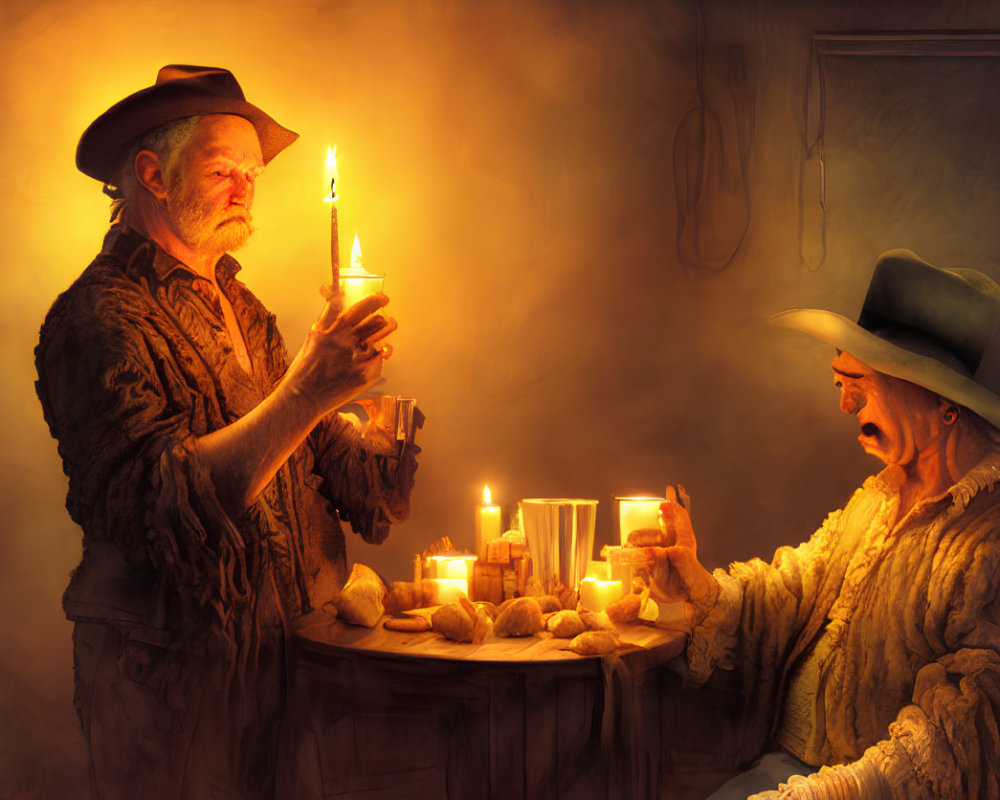 Two people in cowboy hats indoors by candlelight, one holding a candle, the other with a glass