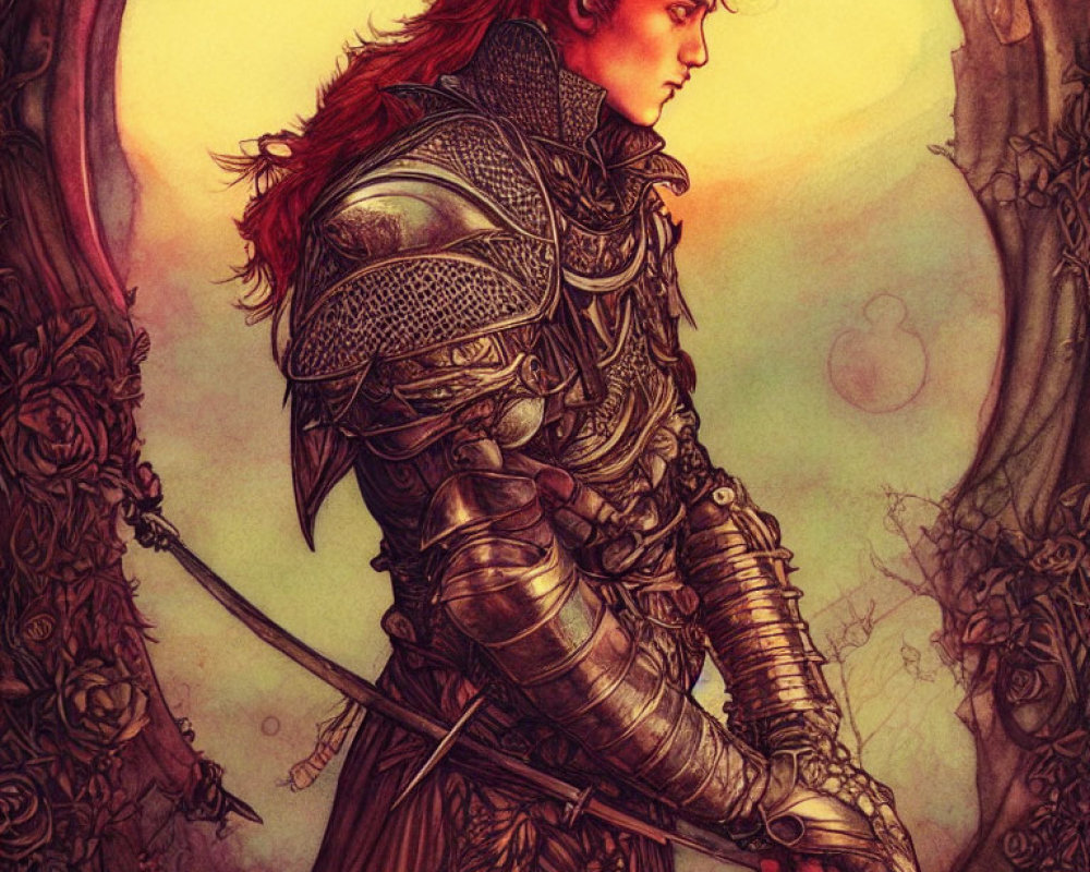 Fantasy warrior with red hair and ornate armor in eerie forest.