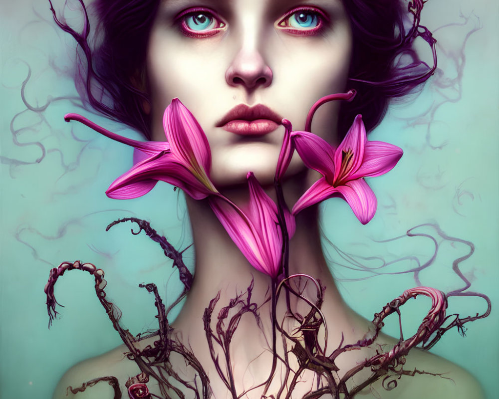 Woman with Blue Eyes and Pink Lilies in Dark Hair on Teal Background