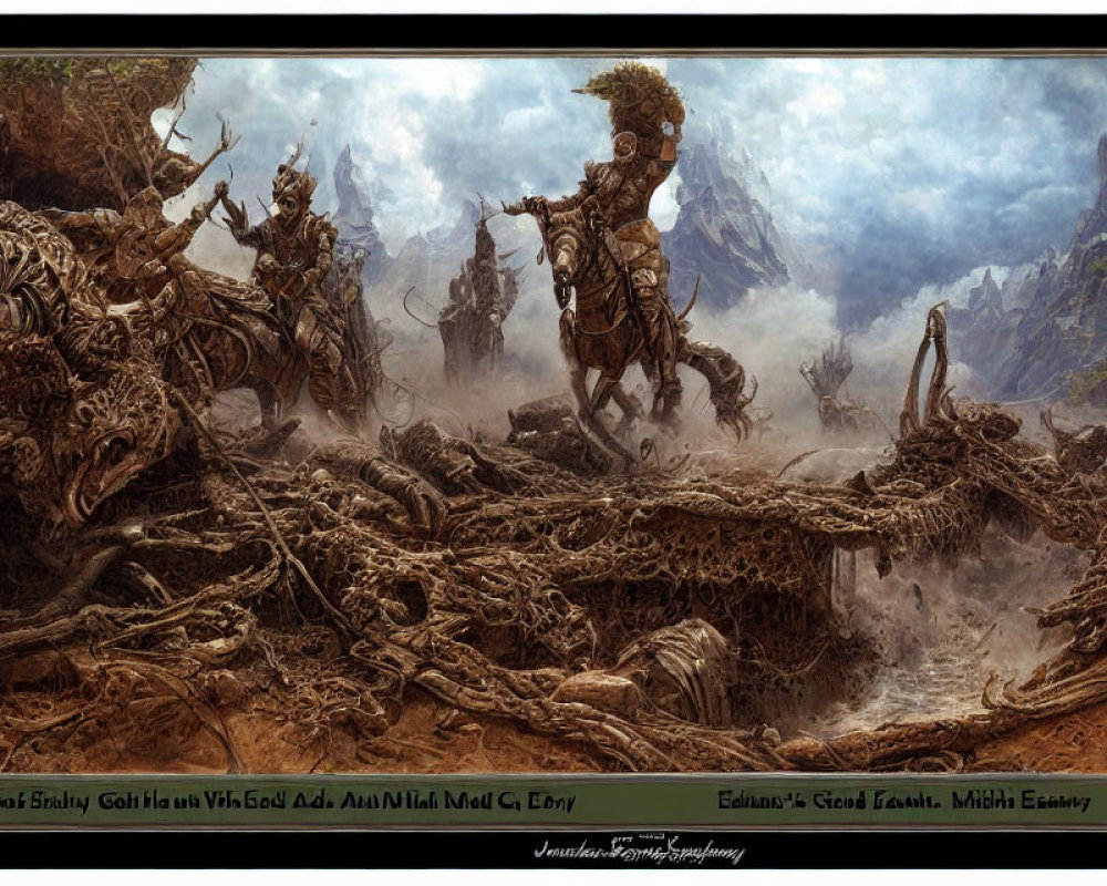 Fantasy battle scene: Skeleton warriors on horses in desolate landscape