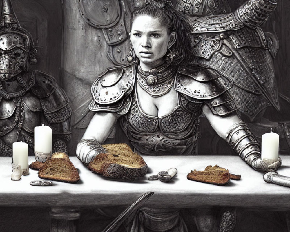 Detailed Armor Warrior Woman with Bread, Coins, and Candles at Table